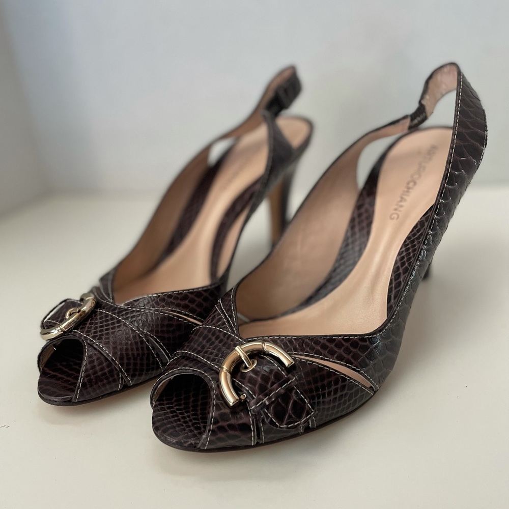 Arturo Chiang “Fudge Snake” Slingback High Heel Pumps, Peep Toe, Size 7.5M
